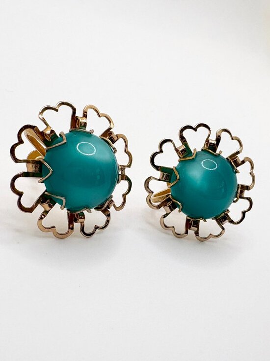 Jewelry - Vintage 1950s Turquoise Moonglow Lucite Earrings Gold Tone Floral Screw Back